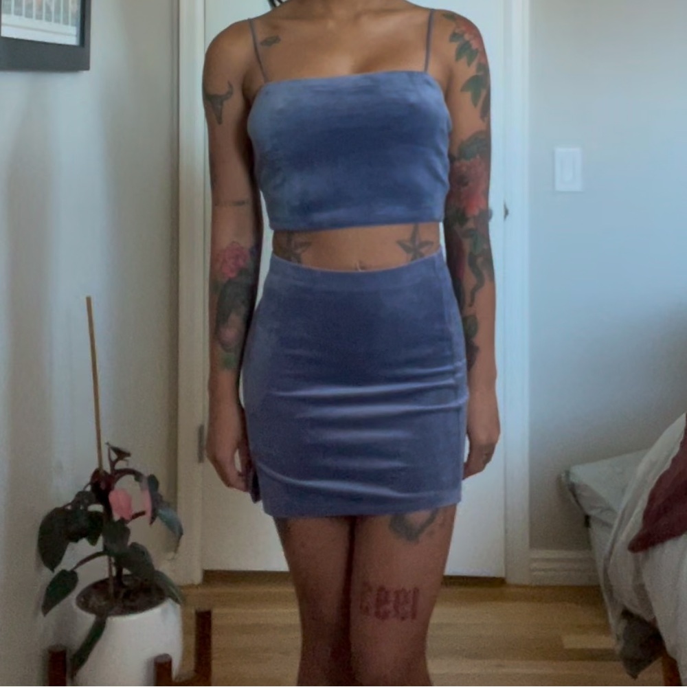 Forever21 purple velvet crop top and skirt set.